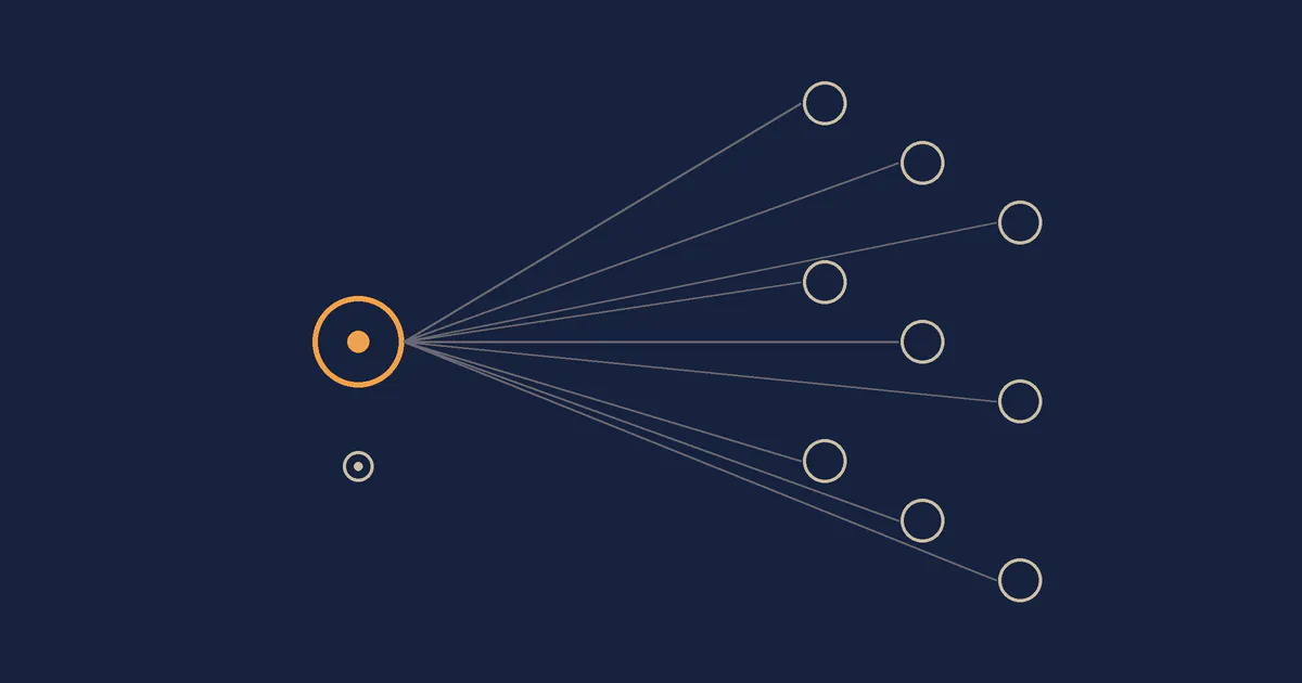 One large node on the left connected to a whole column of small nodes on the right, with a small circle representing an eye at bottom left