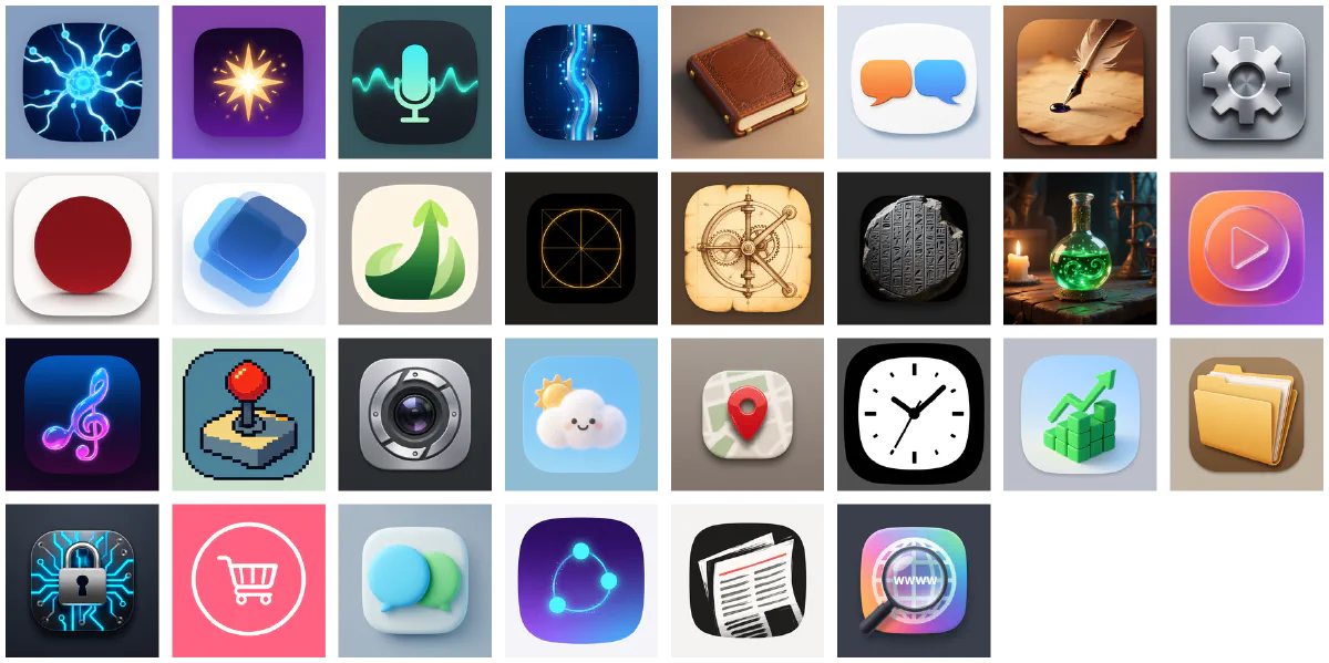 30 個 iOS app 圖示提案排成網格，涵蓋神經網路、火花、語音波形、資料流、日誌、語言橋、羽毛筆、齒輪、相機、天氣、地圖、時鐘、金融、檔案、安全、購物、聊天、網路、新聞、搜尋等主題