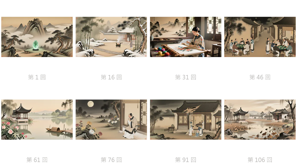 八張回目插畫，分別為第 1、16、31、46、61、76、91、106 回，題材從山石通靈、雪中庭院、刺繡、聚賭，到荷塘、月下獨坐、雨中灑掃、殘荷