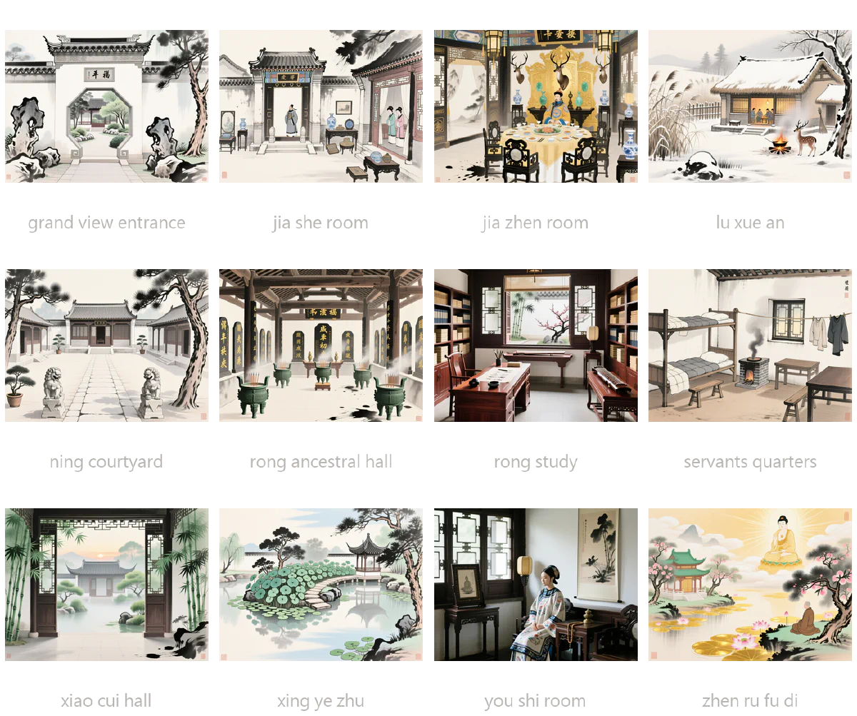 十二張場景圖，包含大觀園入口、賈赦房、賈珍房、蘆雪庵、寧國府庭院、榮國府祠堂、榮國府書房、僕役住處、瀟湘館、杏葉渚、尤氏房、真如福地